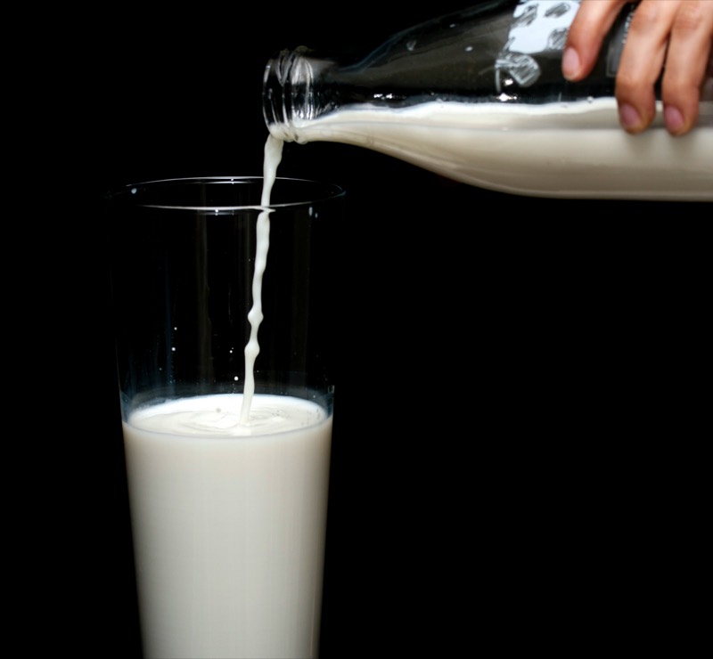 Frische Heumilch wird in ein Glas gegossen
